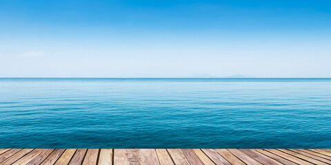 Fototapeta premium Wooden Deck Overlooking Calm Sea – Water and Horizon Texture Background