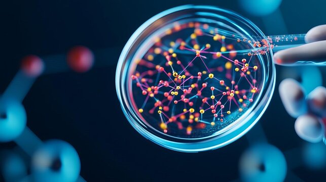 Colorful visual of microbiomes interacting in a digital petri dish, synthetic biology