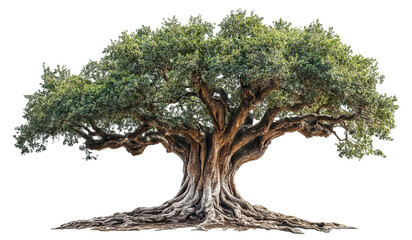 Majestic wide tree with dense green canopy and sprawling roots, cut out