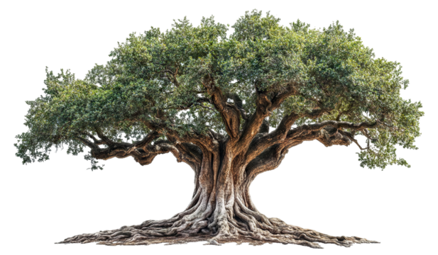 Majestic wide tree with dense green canopy and sprawling roots, cut out