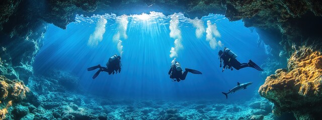 Scuba Divers Explore Underwater Cave