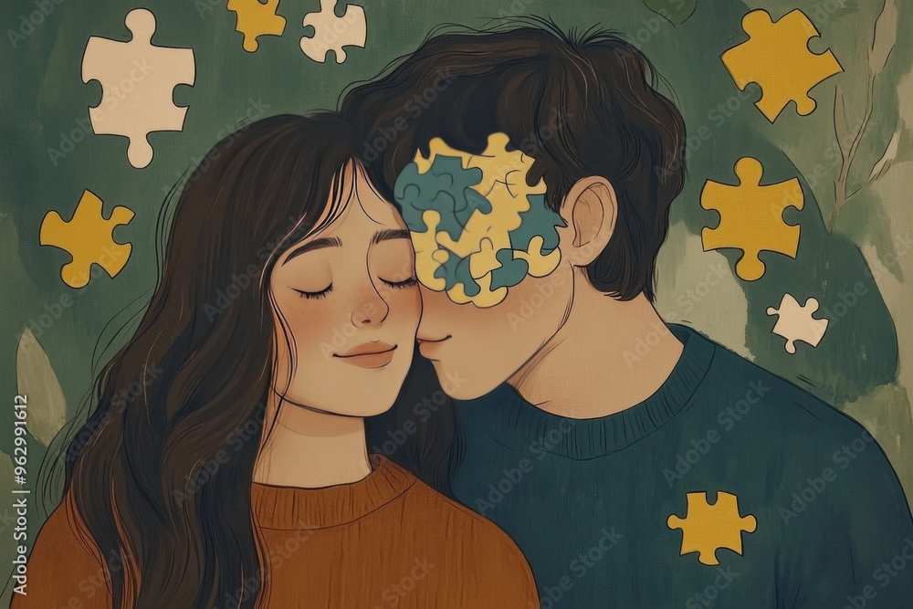 Poster cognitive force neuronal dynamics cartoon style image of a couple with missing puzzle pieces from th