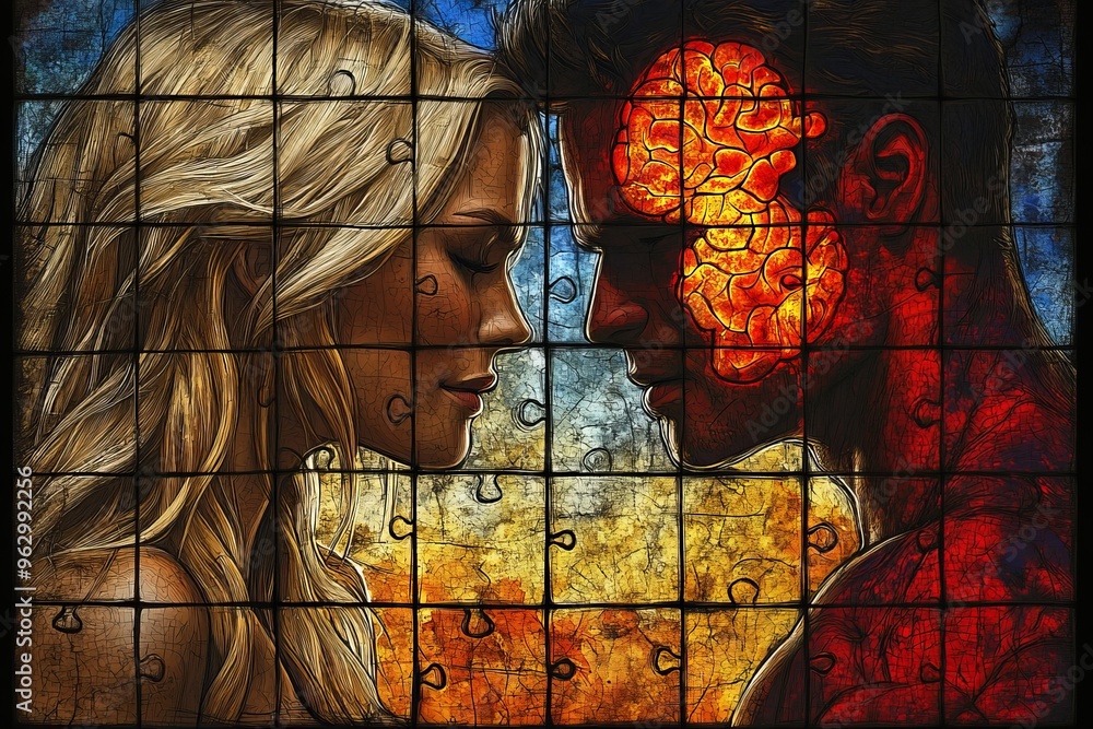 Poster neural intelligence neuronal dynamics romantic abstract illustration of a couple with colorful puzzl