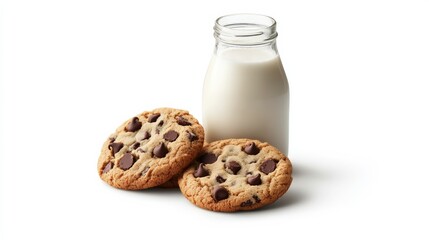 Chocolate chip cookies with milk in glass