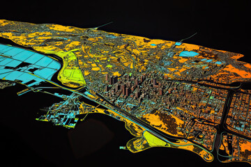 Fototapeta premium Technical aerial visual, 3D LiDAR GIS aerial map satellite scan model isolated, showing Christchurch, New Zealand. Elevation, topography, render