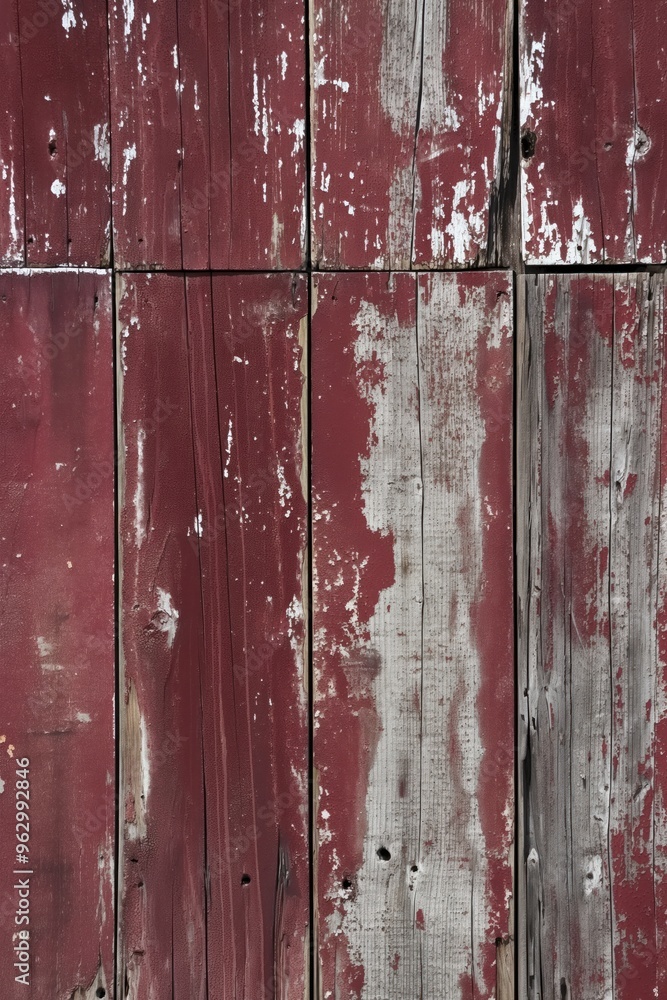 Poster weathered wooden wall painted red and white with rough texture. close-up view of vertical planks wit