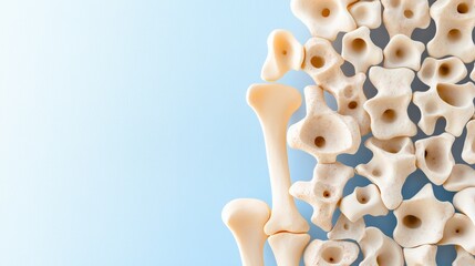 Obraz premium Human bones with visible porous texture, showing the effects of osteoporosis, 3D anatomical illustration, Realistic, Soft lighting, Cool blue and beige tones, High detail