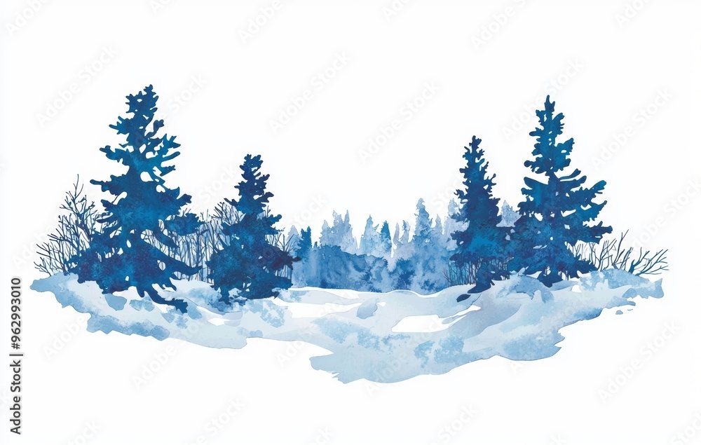 Poster Christmas fir trees in a snowy forest illustration, isolated on white background. Winter nature, conifer, rural landscape.