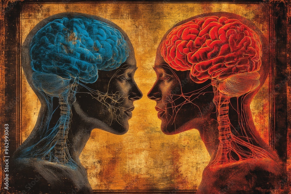 Poster brain strength neuronal dynamics surreal artistic depiction of two skulls with exposed brains in blu