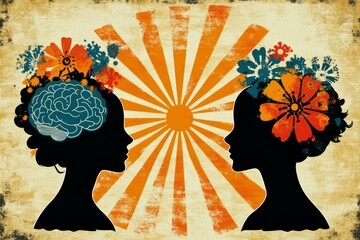 Neuronal power Neuronal dynamics Retro inspired image of two women with flower adorned brains symbolizing the fusion of intellect and nature cognitive creativity and personal growth