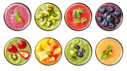Naklejka premium Top view of colorful fruit smoothies with fresh ingredients like kiwi, blueberries, strawberries, and pineapple, collection isolated on transparent background