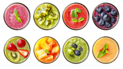 Top view of colorful fruit smoothies with fresh ingredients like kiwi, blueberries, strawberries, and pineapple, collection isolated on transparent background