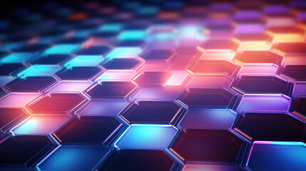 Obraz premium Hexagon background. Close-up surface made up of hexagonal. Honeycomb pattern. Illuminated outlines. Three-dimensional, depth, futuristic, geometric and colorful design. Dynamic lighting with rays.