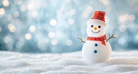 A panoramic view of a snowman taking a stroll in winter scenery with copy space