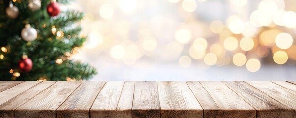 With abstract warm living room decor, christmas tree string lights blurred background with snow, holiday backdrop, and mock up banner for displaying your products.