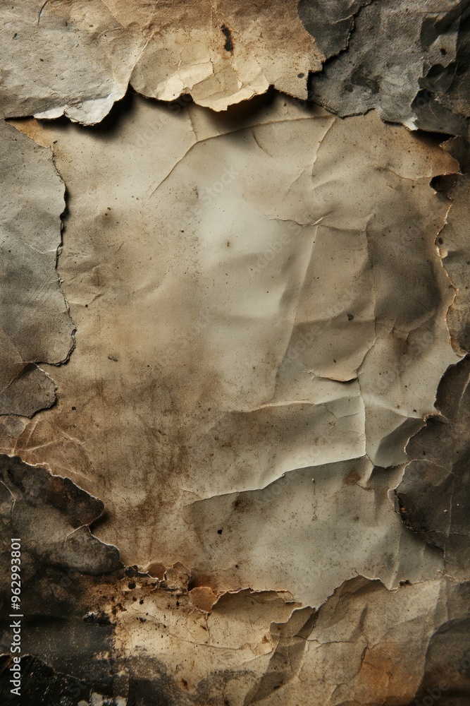 Poster old paper torn, frayed edges, dark aged appearance. close-up view of worn out craft paper with rough
