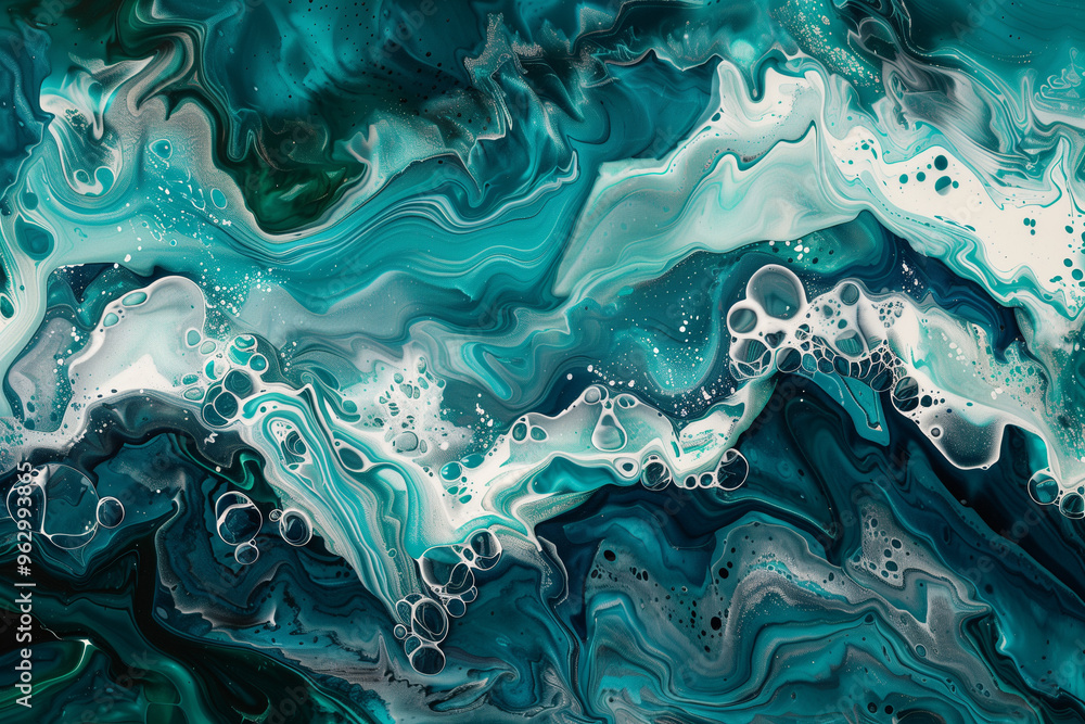 Poster acrylic fluid art. turquoise waves and frothy bubbles flow on canvas. digital decor. abstract backgr