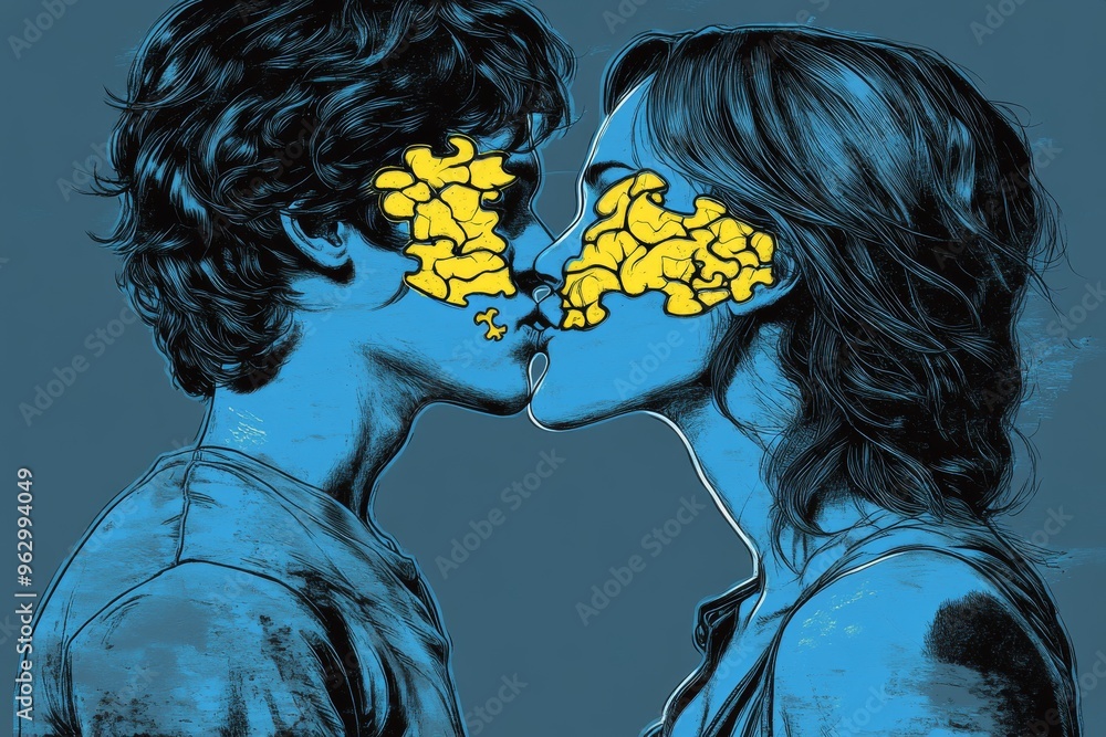 Poster brain intelligence neuronal dynamics colorful cartoon style image of a couple kissing with puzzle pi