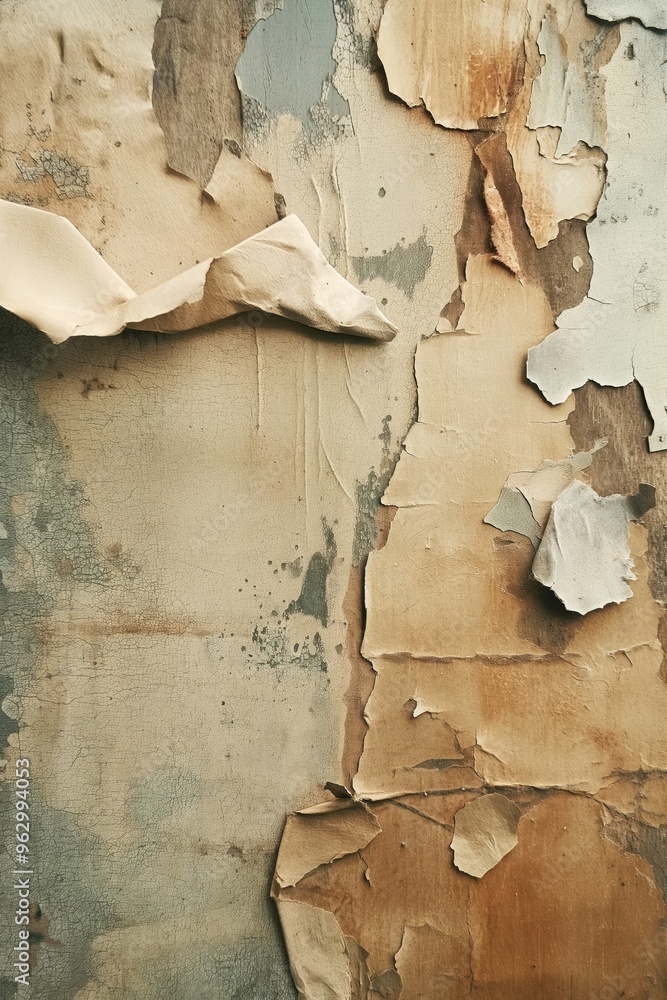 Poster Old peeling paint wall texture background with worn layers. Close-up view of weathered surface with white paint flaking off revealing underlying colors. Perfect for design, art, and creative projects.