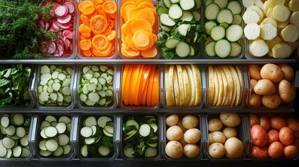 Colorful sliced veggies are neatly arranged in clear containers for meal prep
