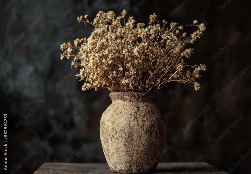 Sticker An arrangement of dried flowers in a vase on a dark background and a vase on a table