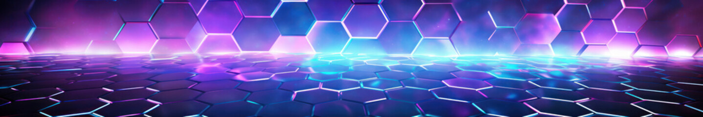 Hexagon background. Close-up surface made up of hexagonal. Honeycomb pattern. Illuminated outlines. Three-dimensional, depth, futuristic, geometric and colorful design. Dynamic lighting with rays.