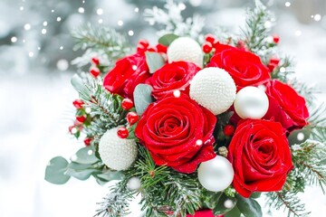 Snow-covered spruce with flowers and a Christmas bouquet.