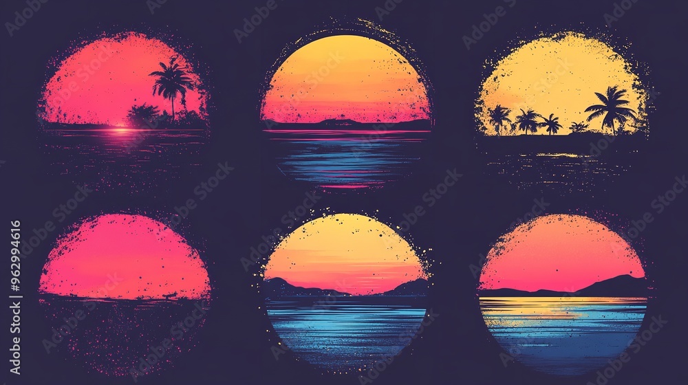 Wall mural an illustration of a sunset with palm trees and mountains