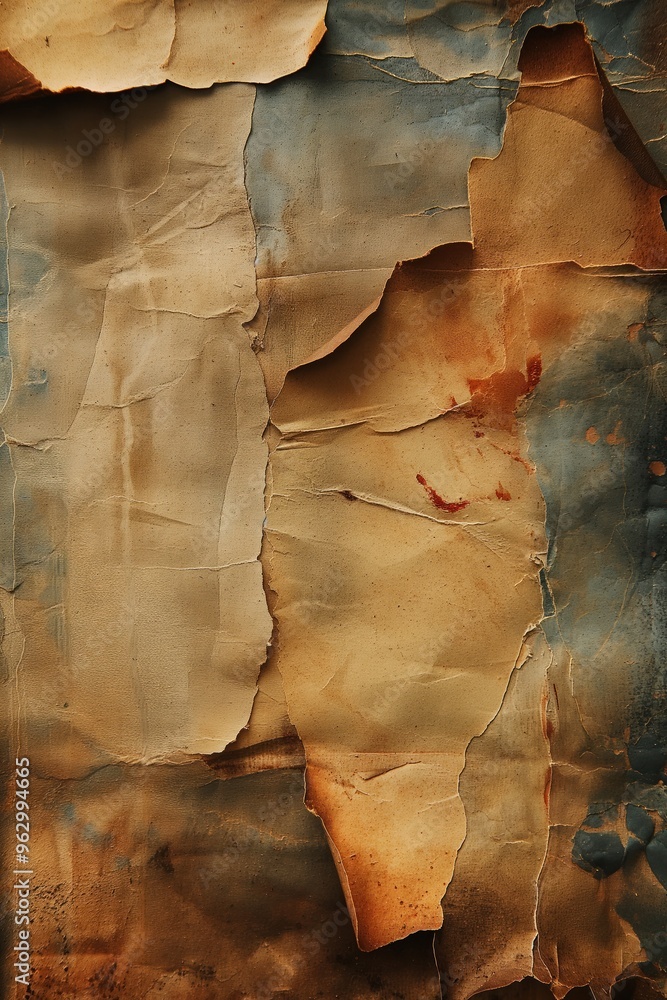 Poster weathered craft paper with red blue paint splatters on rough textured surface. close-up view of torn