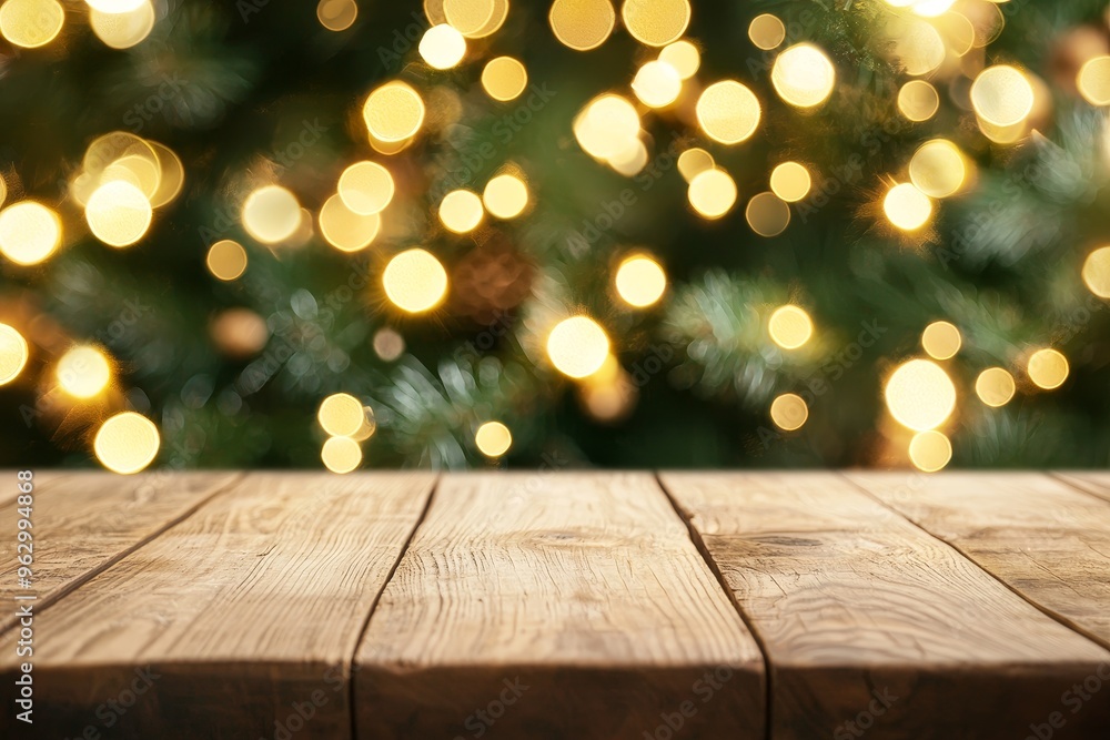 Wall mural Empty wooden table with Christmas holiday background