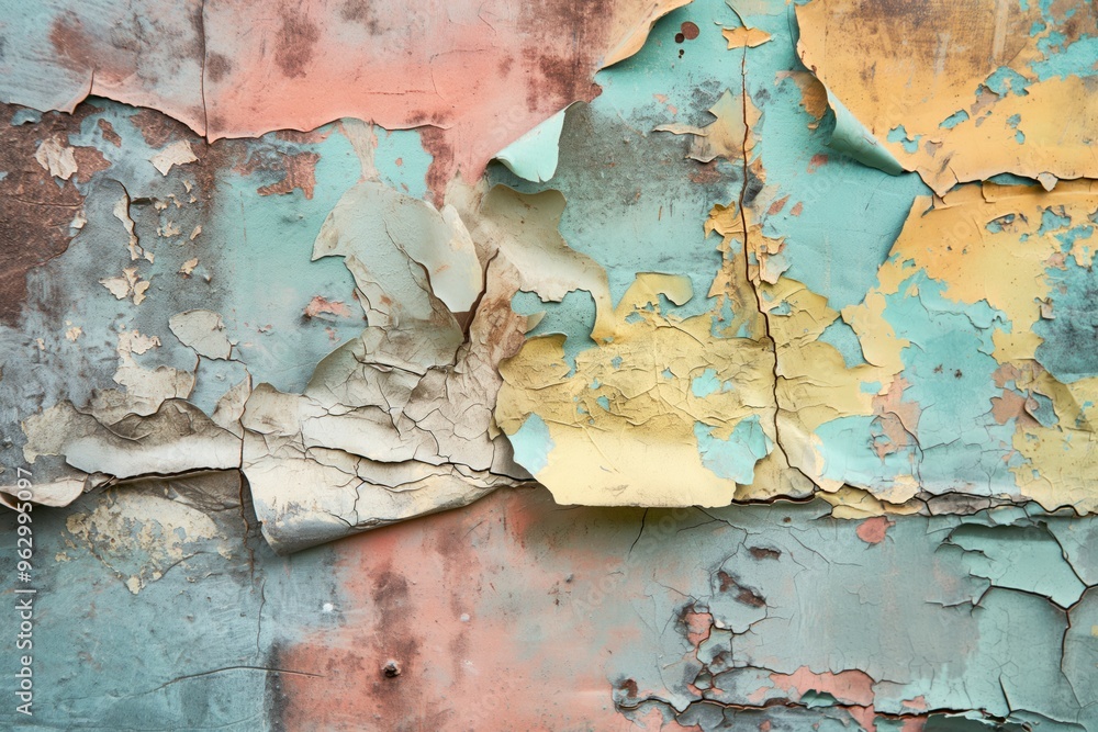 Aufkleber weathered paint wall background with peeling colors pink blue yellow. close-up view from above shows