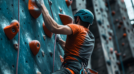 Obraz premium Rock Climbing Gym Male Climber in Action Indoor Climbing Wall