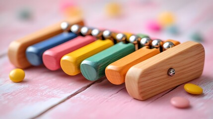 Naklejka premium Colorful wooden xylophone toy with metal balls on a pink wooden surface with colorful candies.
