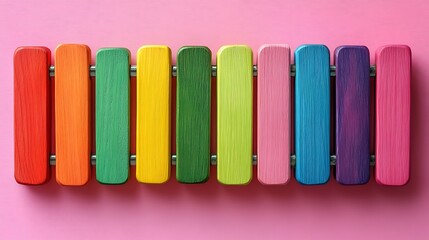Fototapeta premium A colorful wooden xylophone on a pink background.
