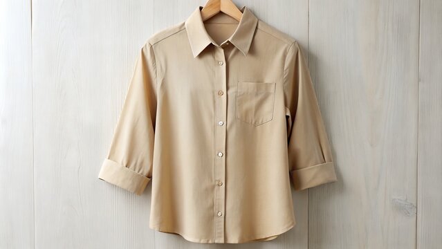 Soft beige button-down shirt features three-quarter sleeves and a relaxed fit, perfect for warm weather wear or as