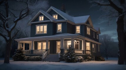 : A Snow-Covered Home Illuminated by Warm Lights in a Peaceful Neighborhood