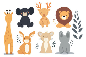 Naklejka premium set of cute farm jungle animals illustration baby nature lion chicken bear giraffe rabbit comic character
