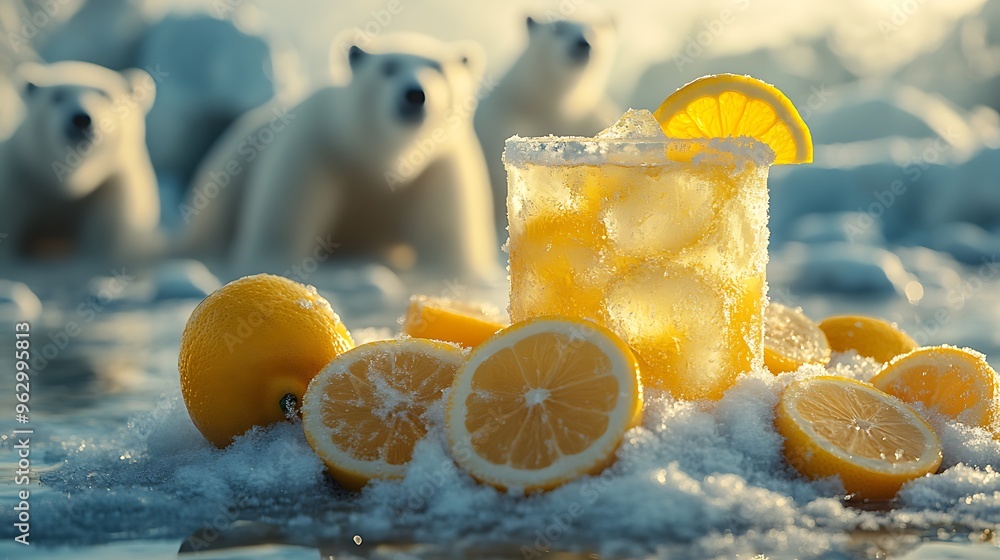 Wall mural a glass of lemonade with lemon slices and ice in front of a polar bear on an icy background.