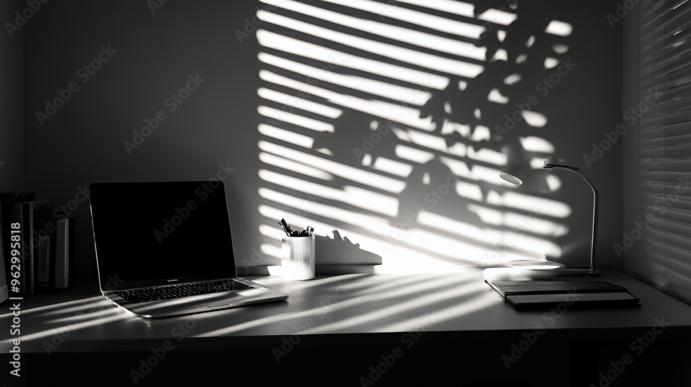 Poster minimalist workspace with laptop, desk lamp, and a notebook on a desk with blinds casting shadows on