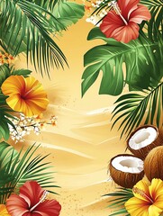 Tropical beach party poster flier background template design with coconut trees, flowers, tropical leaves, and sunlight rays new beautiful stock image illustration AI