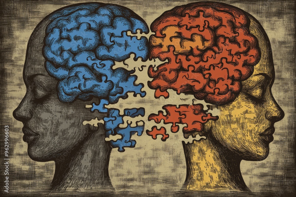 Poster brain horsepower neuronal dynamics cartoon style depiction of two individuals with puzzle piece face