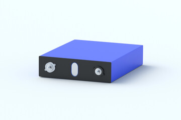 LiFePo4 cell on gray background. Prismatic modules for lithium iron phosphate battery. Uninterruptible power supply. 3d render