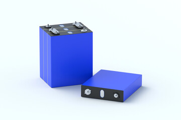 Set of LiFePo4 cells on gray background. Prismatic modules for lithium iron phosphate battery. Uninterruptible power supply. 3d render