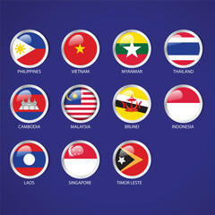 Southeast Asia flags of countries round badges