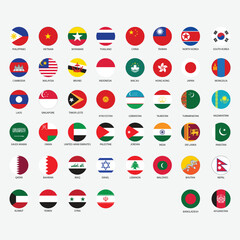 Asian all country flags of countries round badges