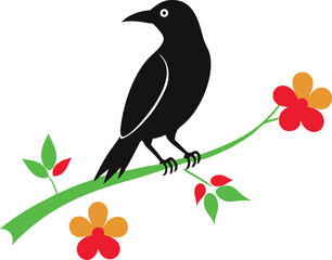 Elegant Black Raven Perched on Flower Branch Vector Illustration
