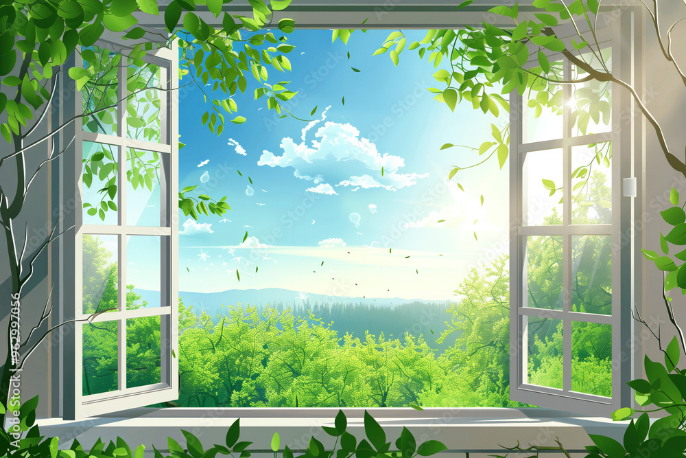 Poster cartoonabstract picture of a window overlooking summer nature with a text tag.