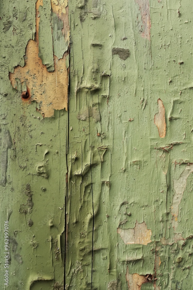 Poster weathered wooden surface with peeling green paint showing orange and brown patches. close-up view of