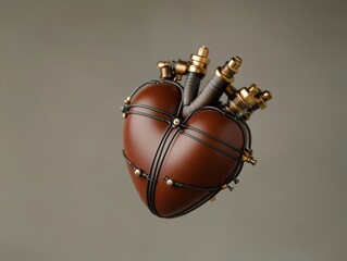 A visual concept of hypertension with a heart surrounded by glowing wires and tubes, Symbolizing pressure, Steampunk style, Brass tones, Intricate details, Mechanical elements