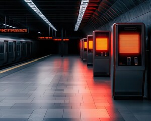 A high-tech train station with automated ticket machines and futuristic train designs, high-tech train station, advanced public transit
